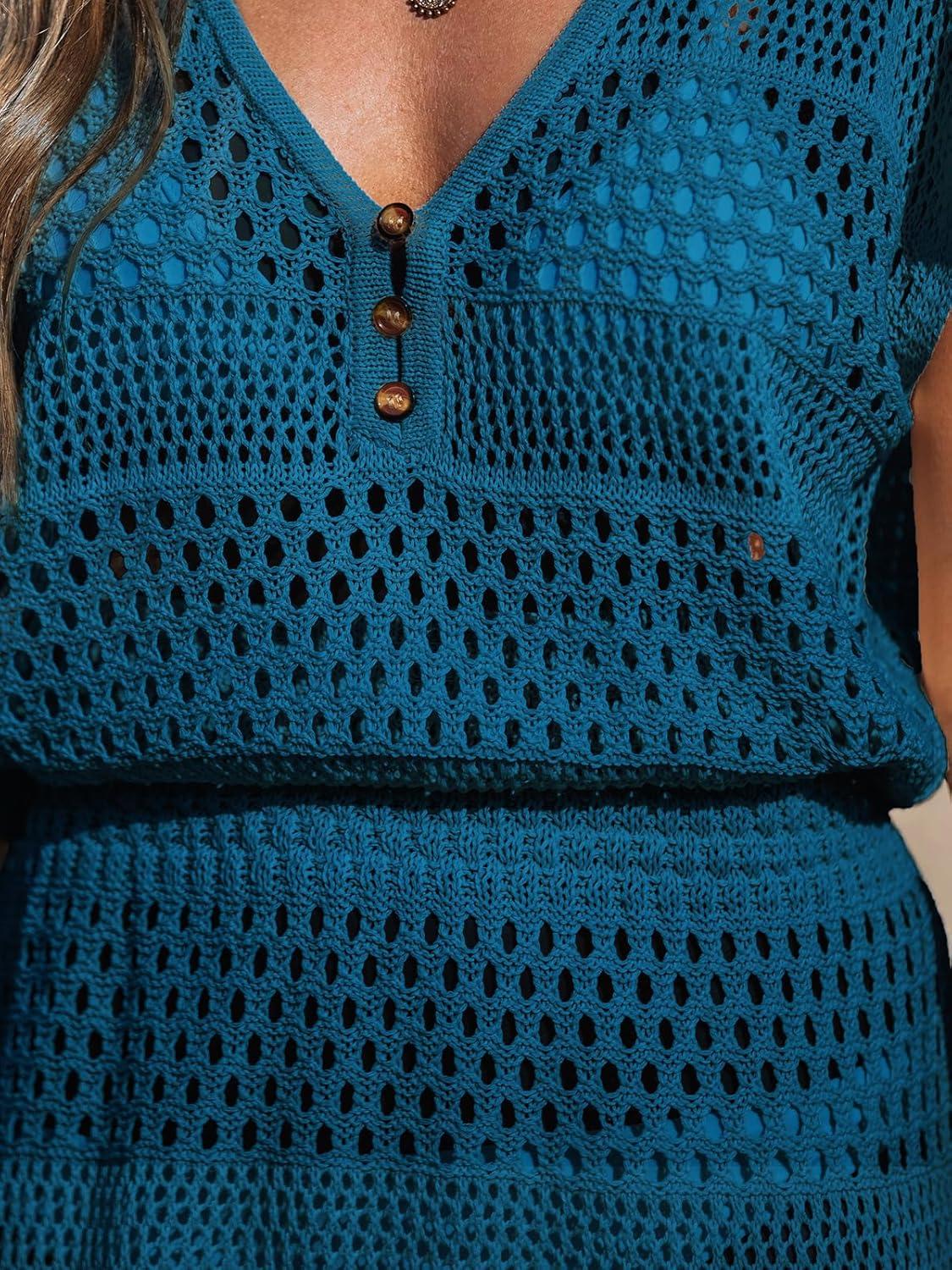 imageCUPSHE Women Crochet Swim Cover Up Short Sleeve V Neck Bathing Suit Beach Dress Summer Swimwear CoverupsBdeep Teal