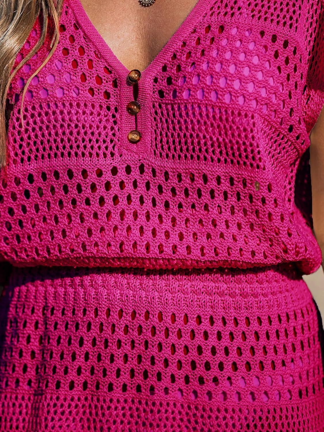 imageCUPSHE Women Crochet Swim Cover Up Short Sleeve V Neck Bathing Suit Beach Dress Summer Swimwear CoverupsBhot Pink