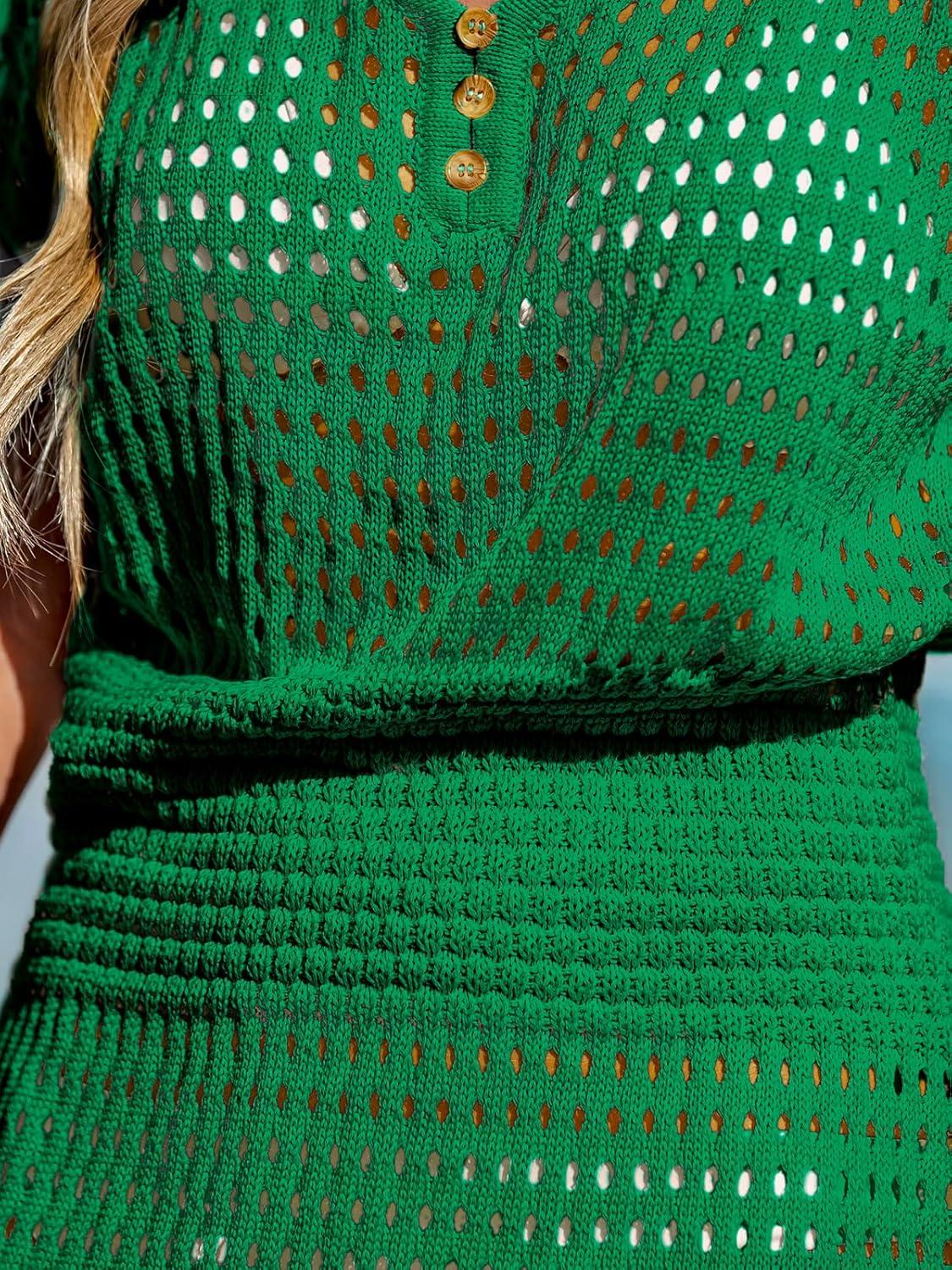 imageCUPSHE Women Crochet Swim Cover Up Short Sleeve V Neck Bathing Suit Beach Dress Summer Swimwear CoverupsForest Green