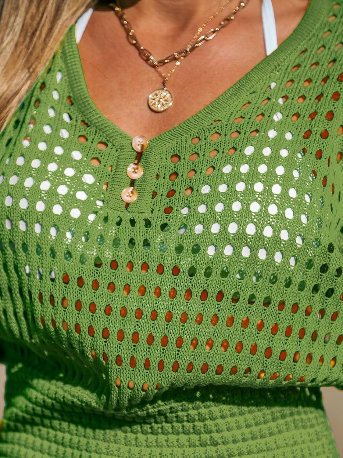 imageCUPSHE Women Crochet Swim Cover Up Short Sleeve V Neck Bathing Suit Beach Dress Summer Swimwear CoverupsGrass Green