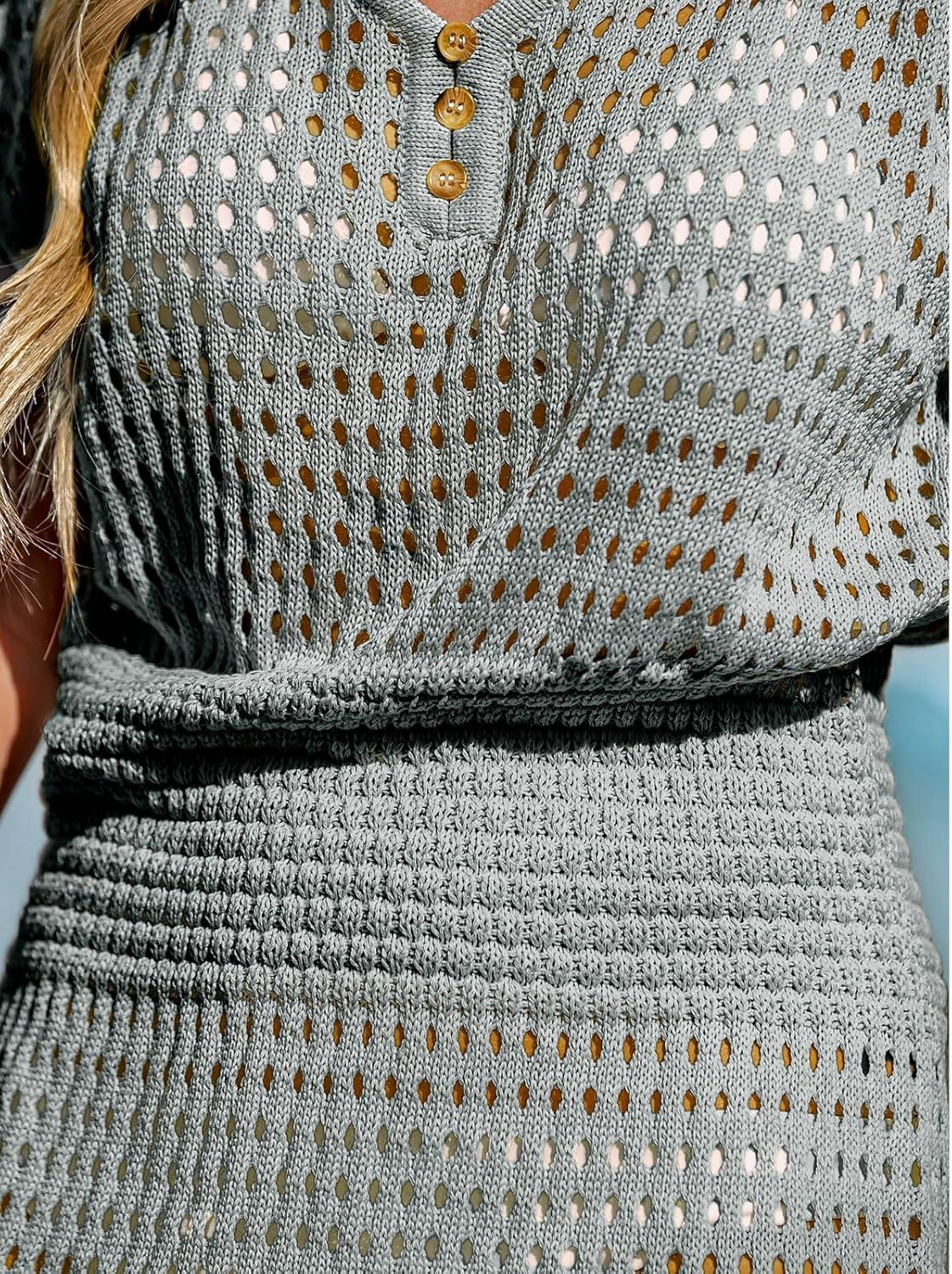 imageCUPSHE Women Crochet Swim Cover Up Short Sleeve V Neck Bathing Suit Beach Dress Summer Swimwear CoverupsGray