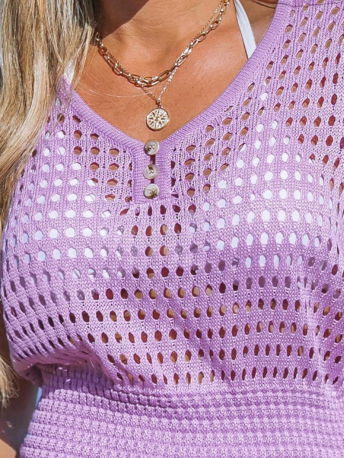 imageCUPSHE Women Crochet Swim Cover Up Short Sleeve V Neck Bathing Suit Beach Dress Summer Swimwear CoverupsPurple