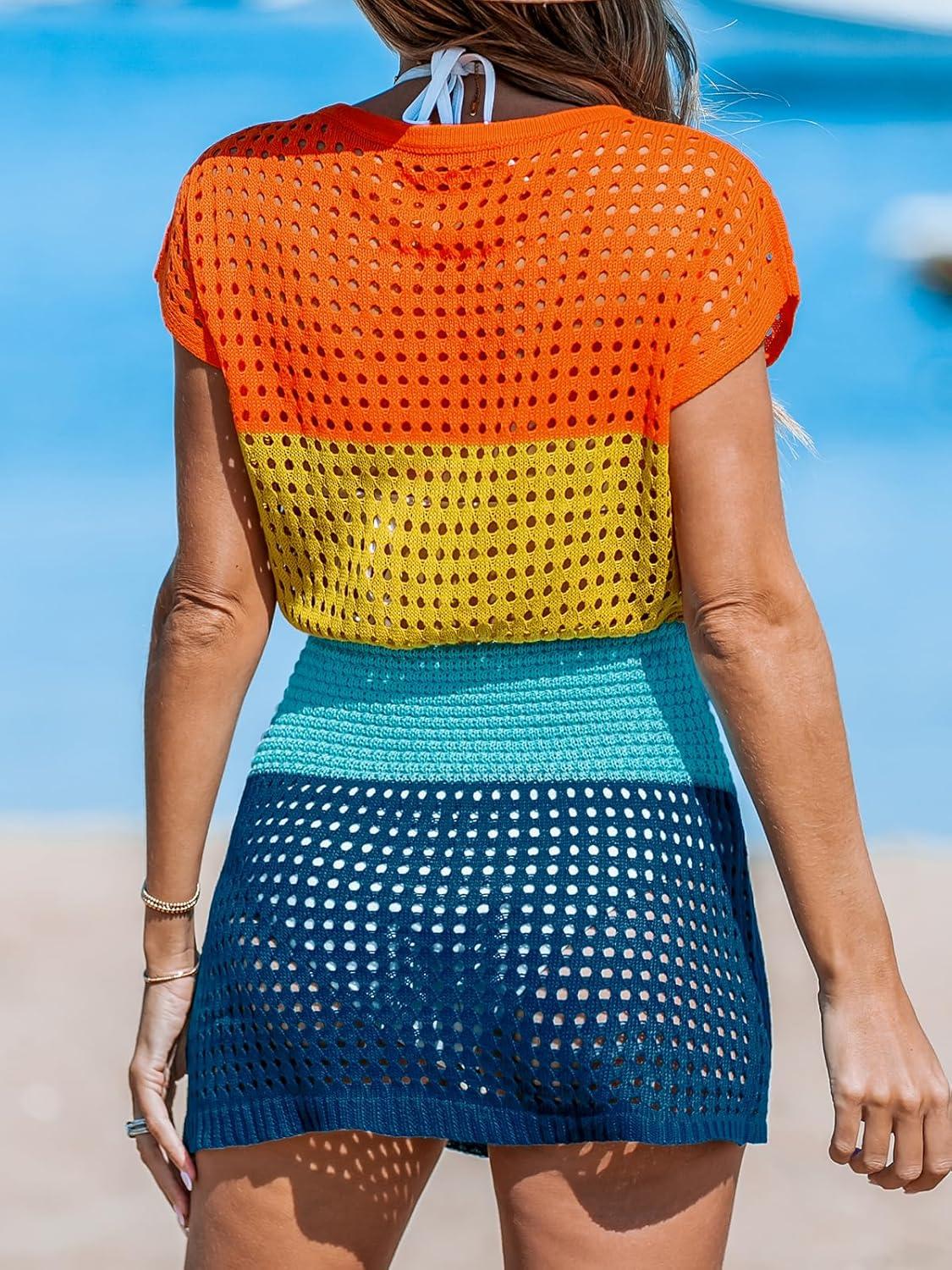 imageCUPSHE Women Crochet Swim Cover Up Short Sleeve V Neck Bathing Suit Beach Dress Summer Swimwear CoverupsRainbow Colorblock