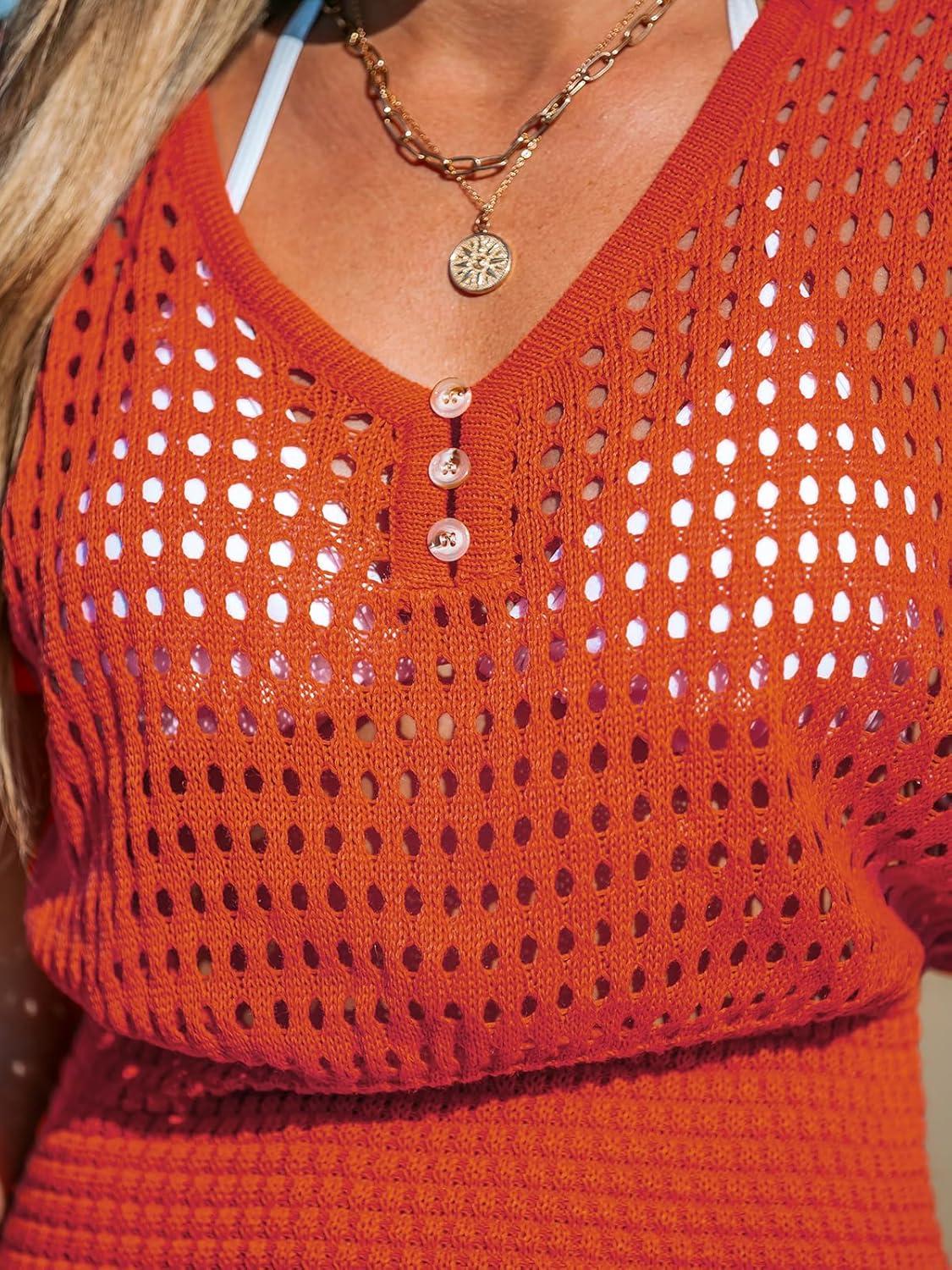 imageCUPSHE Women Crochet Swim Cover Up Short Sleeve V Neck Bathing Suit Beach Dress Summer Swimwear CoverupsRed Orange