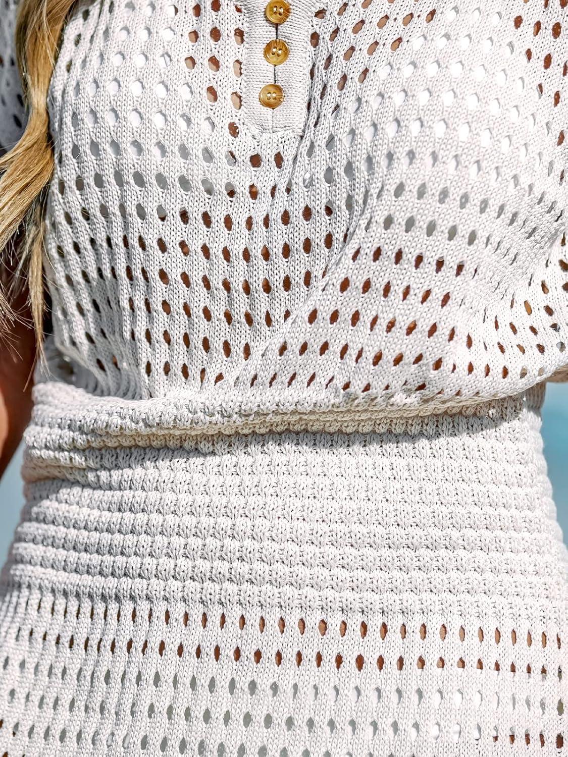 imageCUPSHE Women Crochet Swim Cover Up Short Sleeve V Neck Bathing Suit Beach Dress Summer Swimwear CoverupsSolid White