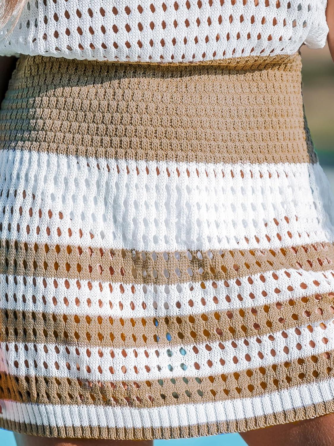 imageCUPSHE Women Crochet Swim Cover Up Short Sleeve V Neck Bathing Suit Beach Dress Summer Swimwear CoverupsStriped Brown