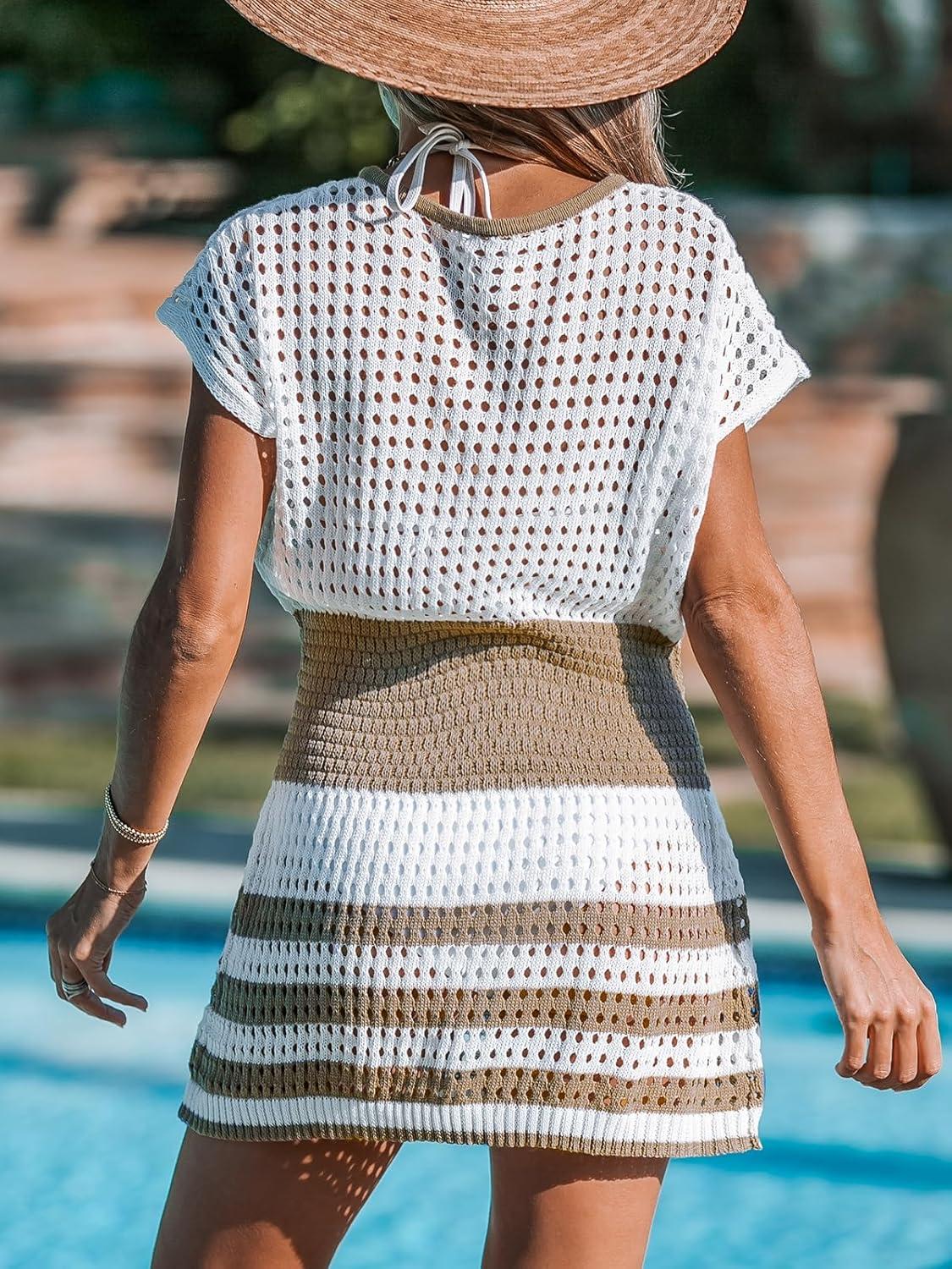 imageCUPSHE Women Crochet Swim Cover Up Short Sleeve V Neck Bathing Suit Beach Dress Summer Swimwear CoverupsStriped Brown