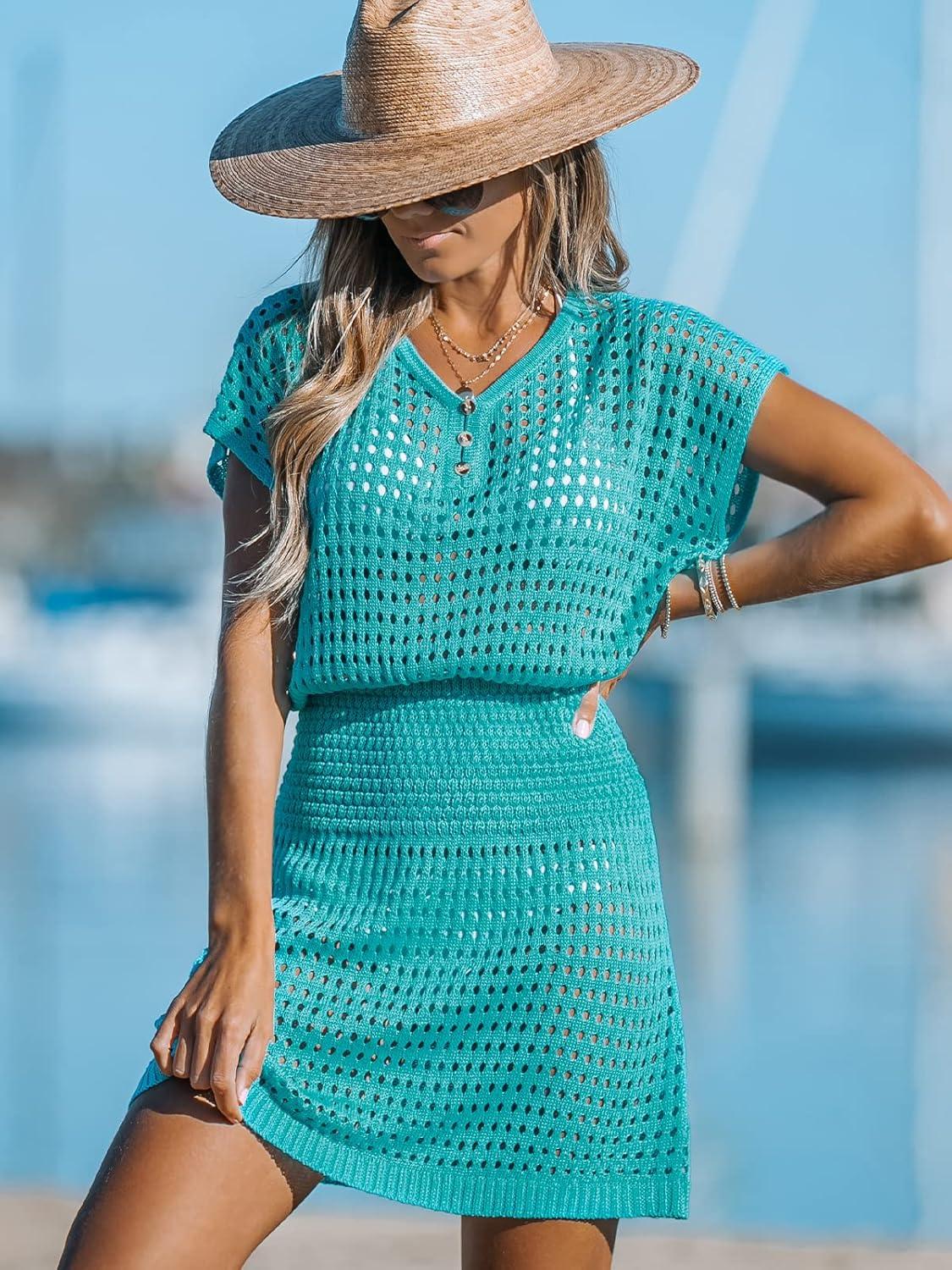 imageCUPSHE Women Crochet Swim Cover Up Short Sleeve V Neck Bathing Suit Beach Dress Summer Swimwear CoverupsTurquoise