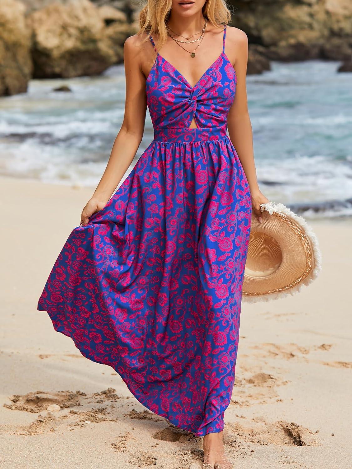 imageCUPSHE Womens Maxi Dress Floral Print Twisted V Neck Sleeveless Long Dress Summer Casual DressBlue Floral