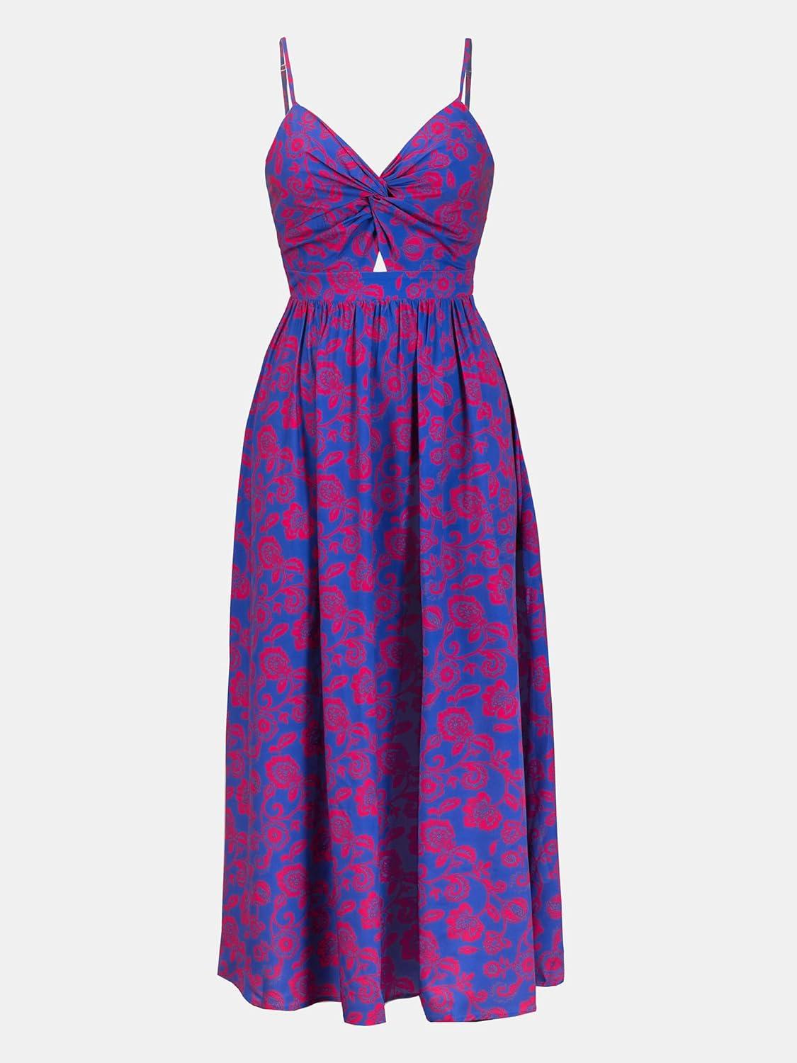 imageCUPSHE Womens Maxi Dress Floral Print Twisted V Neck Sleeveless Long Dress Summer Casual DressBlue Floral