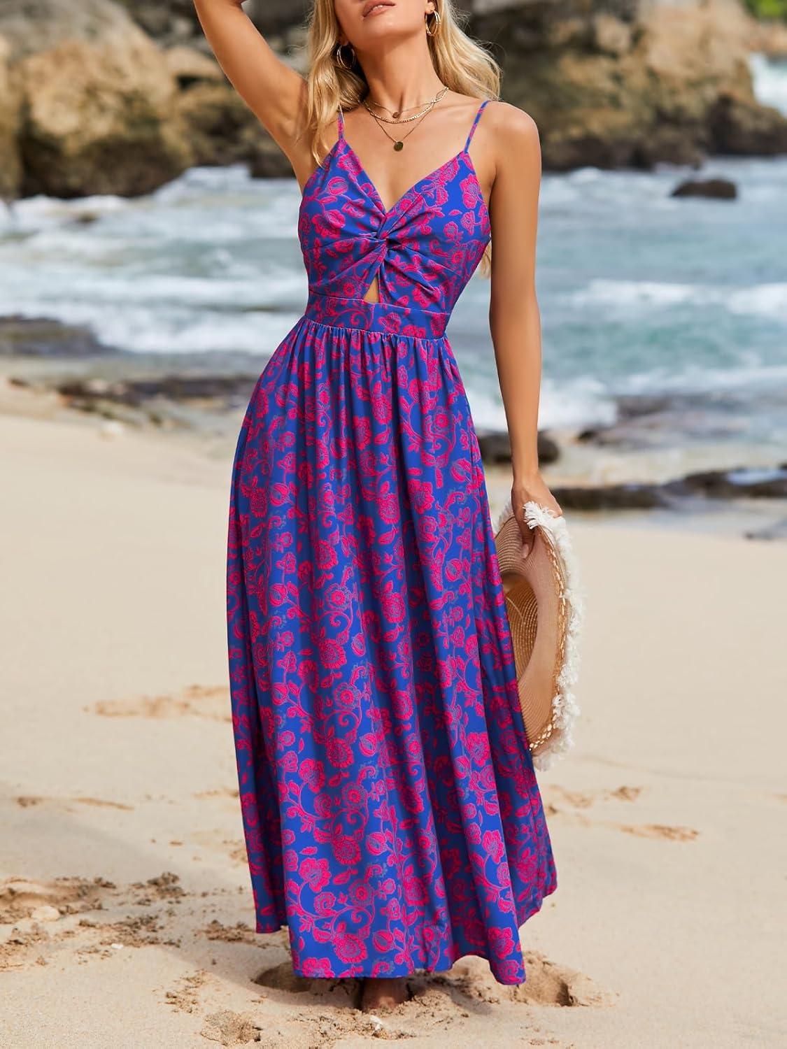 imageCUPSHE Womens Maxi Dress Floral Print Twisted V Neck Sleeveless Long Dress Summer Casual DressBlue Floral