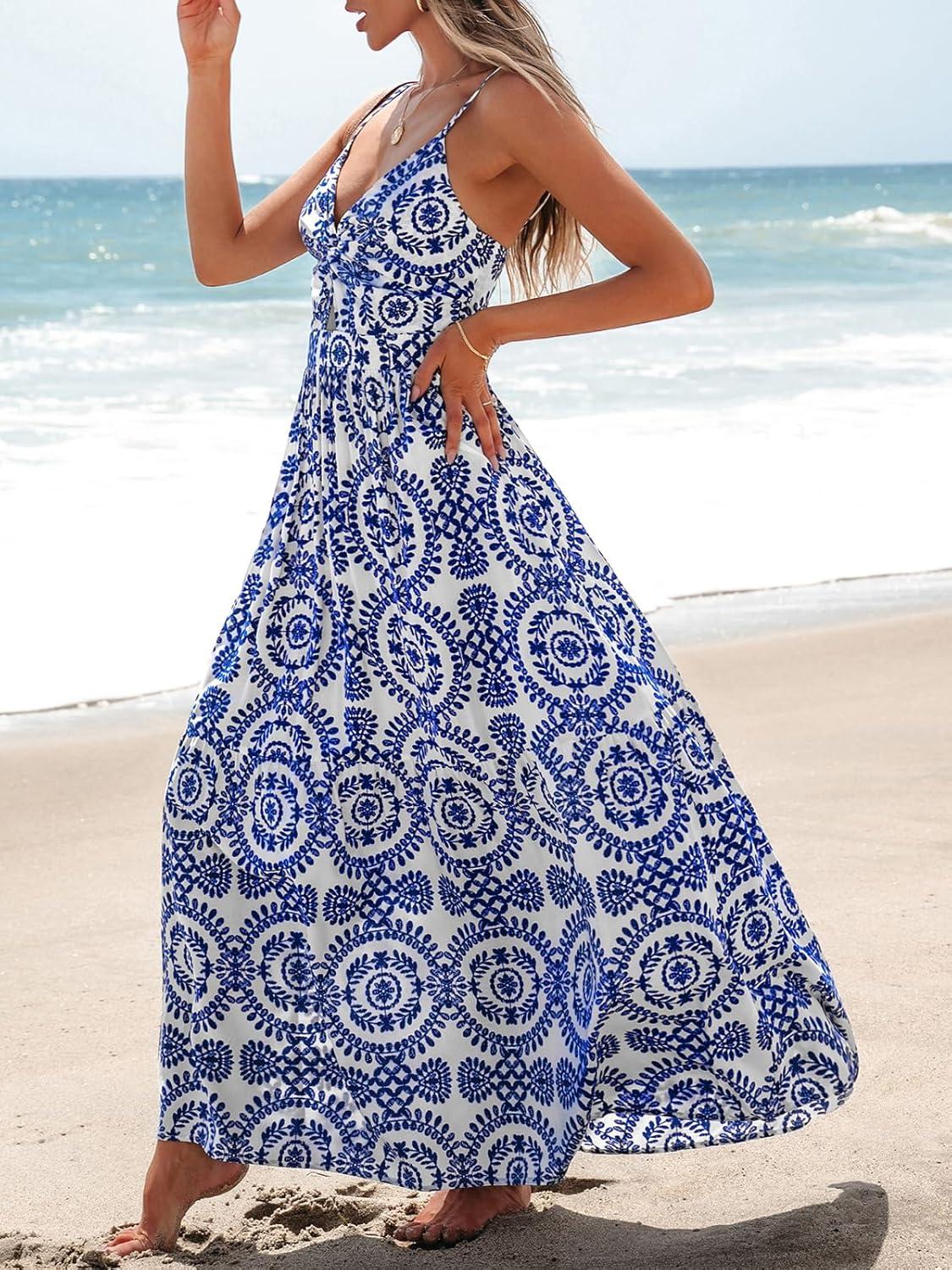 imageCUPSHE Womens Maxi Dress Floral Print Twisted V Neck Sleeveless Long Dress Summer Casual DressBlue Paisley