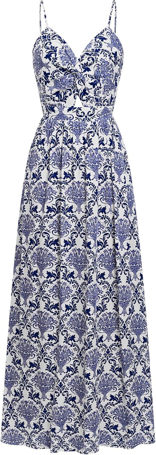 imageCUPSHE Womens Maxi Dress Floral Print Twisted V Neck Sleeveless Long Dress Summer Casual DressBlue Printed