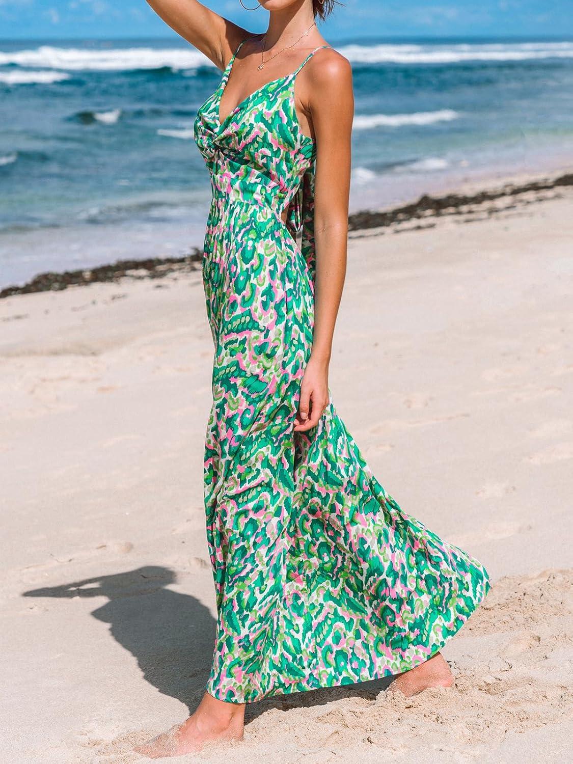imageCUPSHE Womens Maxi Dress Floral Print Twisted V Neck Sleeveless Long Dress Summer Casual DressGreen Abstract
