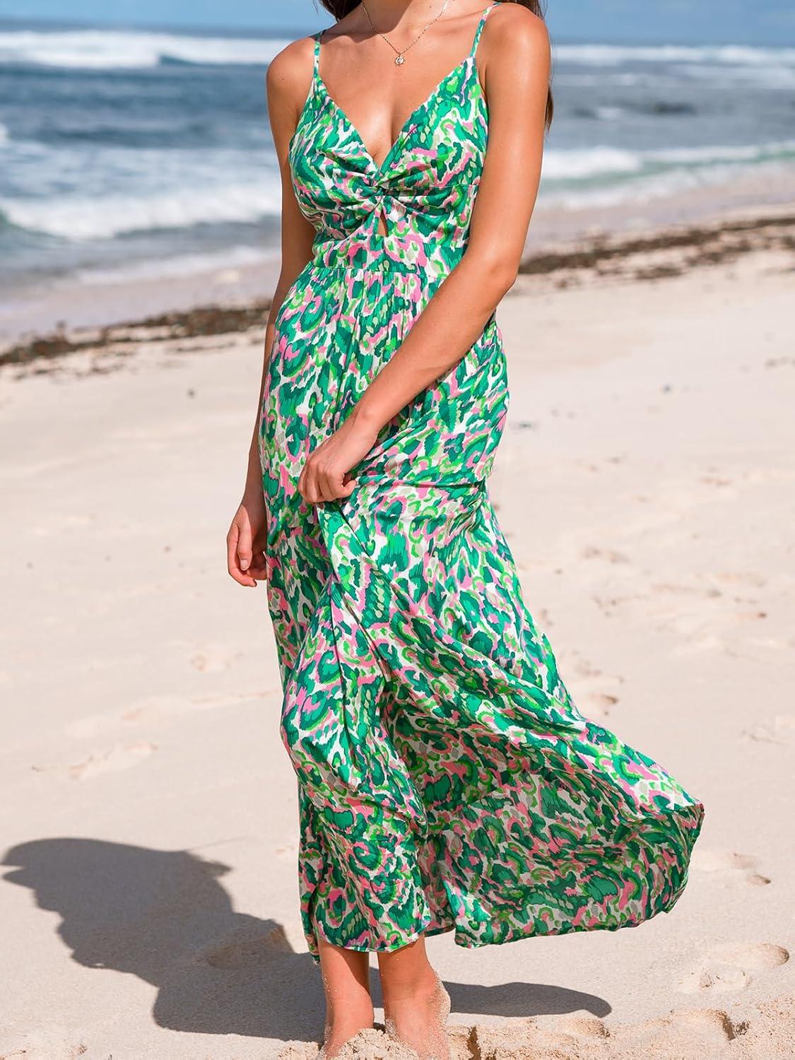 imageCUPSHE Womens Maxi Dress Floral Print Twisted V Neck Sleeveless Long Dress Summer Casual DressGreen Abstract