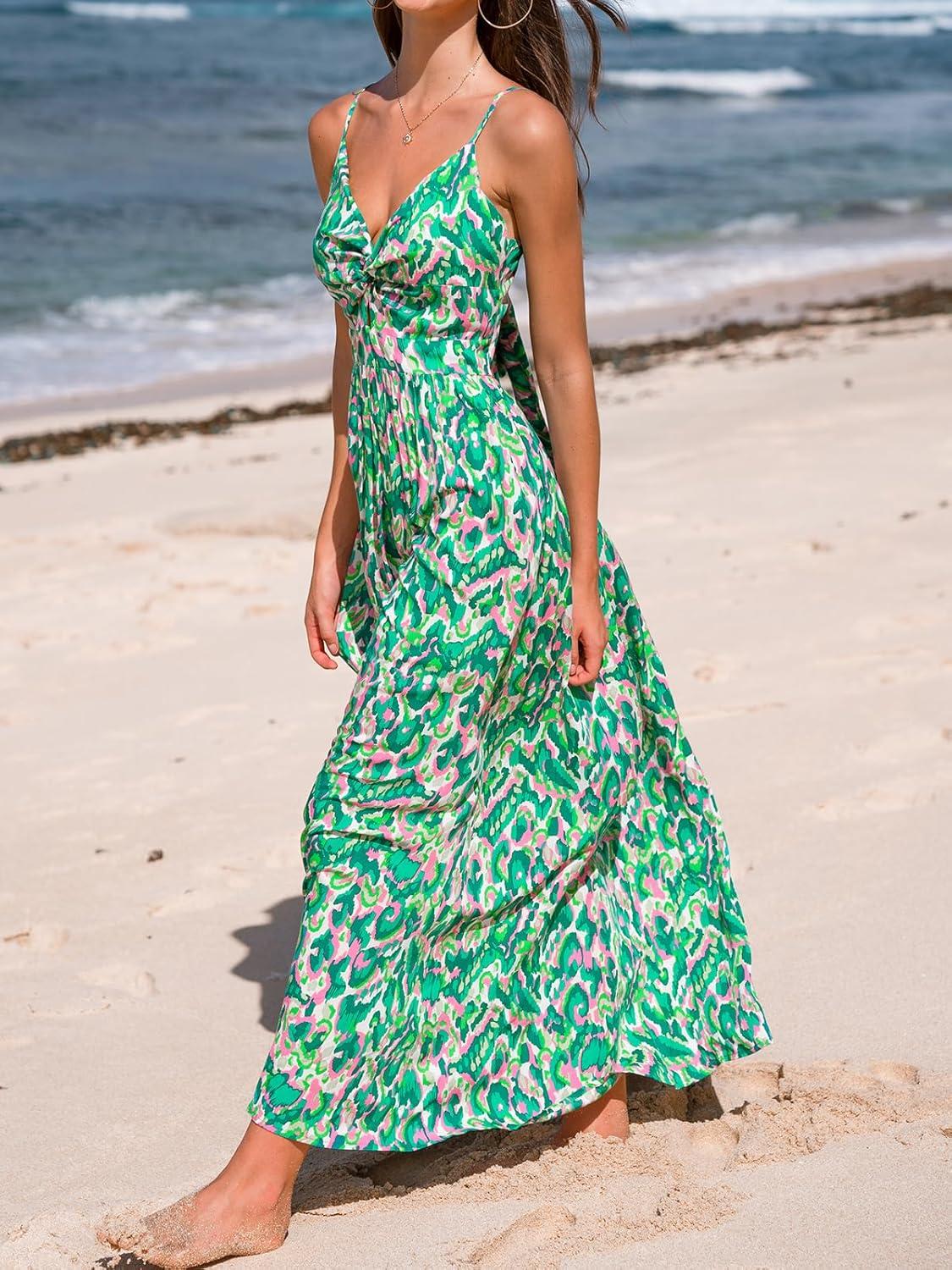 imageCUPSHE Womens Maxi Dress Floral Print Twisted V Neck Sleeveless Long Dress Summer Casual DressGreen Abstract