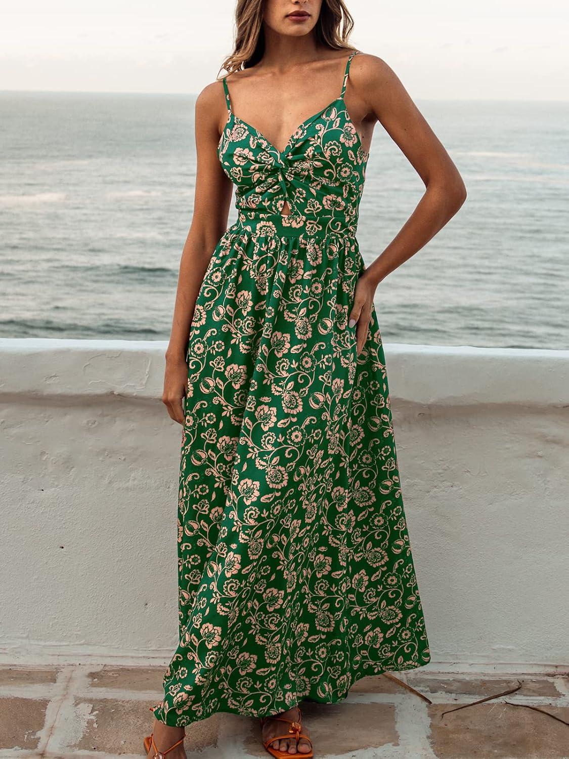 imageCUPSHE Womens Maxi Dress Floral Print Twisted V Neck Sleeveless Long Dress Summer Casual DressGreen Floral
