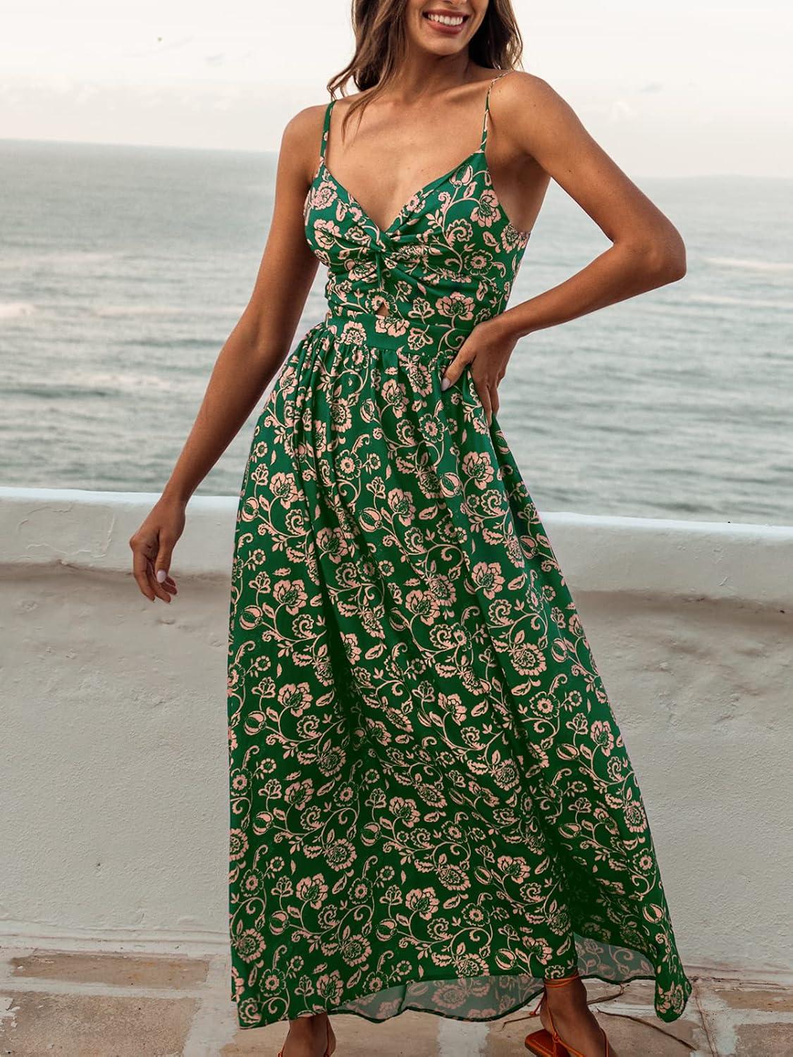 imageCUPSHE Womens Maxi Dress Floral Print Twisted V Neck Sleeveless Long Dress Summer Casual DressGreen Floral