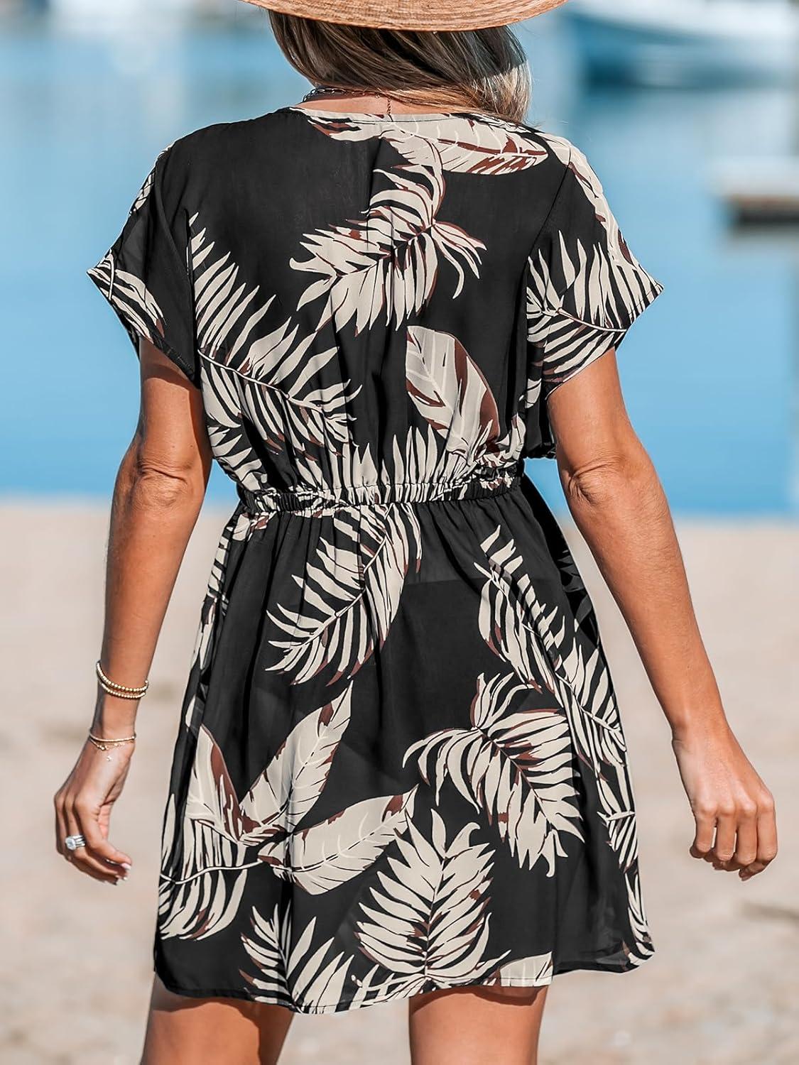 imageCUPSHE Womens Swimsuit Coverup Casual V Neck Beach Dress Short Sleeve Elastic Waist Swimwear Cover Ups 2025 BeachwearBrown Leaf