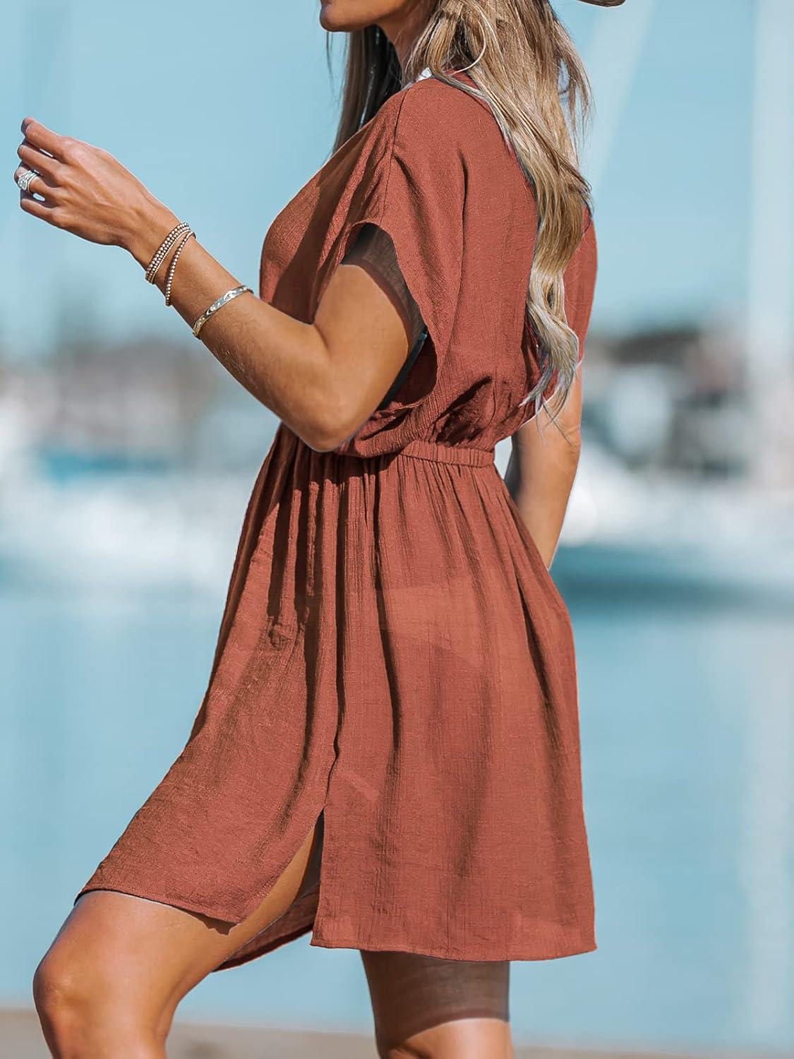 imageCUPSHE Womens Swimsuit Coverup Casual V Neck Beach Dress Short Sleeve Elastic Waist Swimwear Cover Ups 2025 BeachwearBurnt Orange