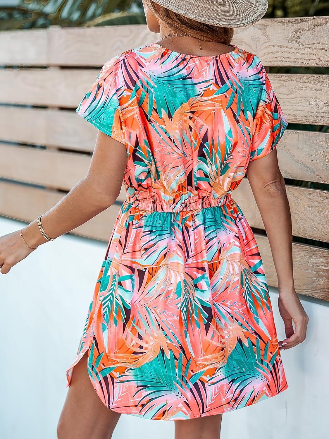 imageCUPSHE Womens Swimsuit Coverup Casual V Neck Beach Dress Short Sleeve Elastic Waist Swimwear Cover Ups 2025 BeachwearFlamingos