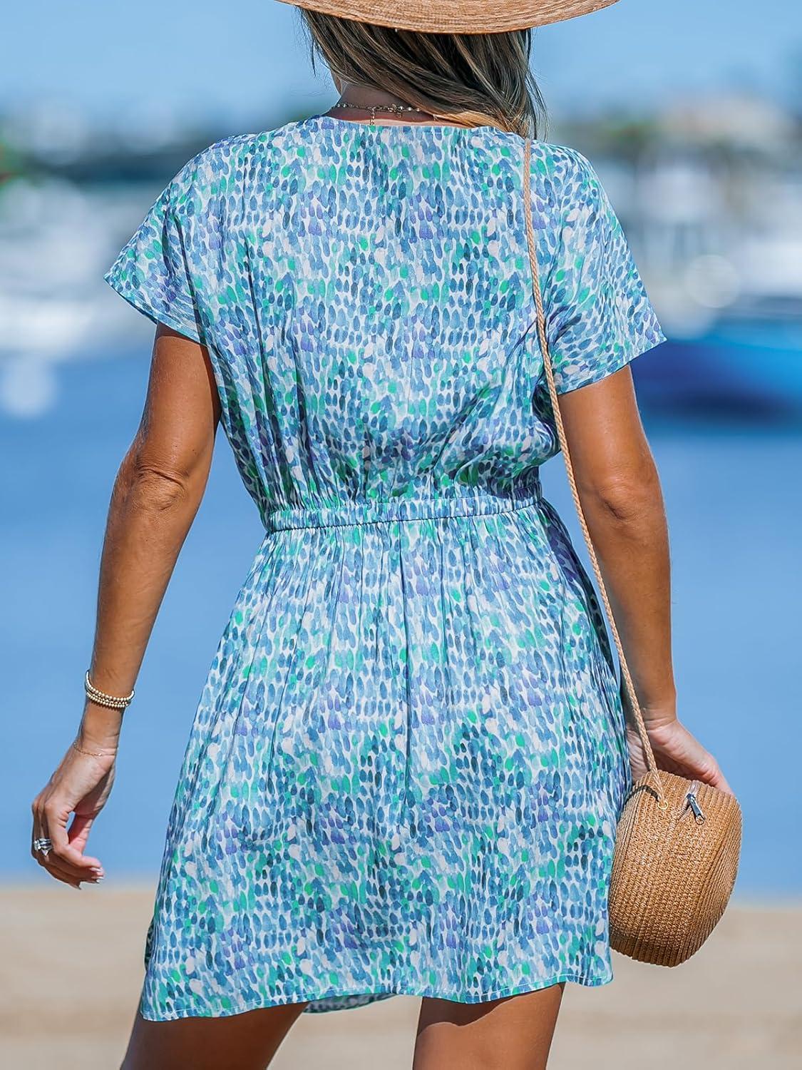 imageCUPSHE Womens Swimsuit Coverup Casual V Neck Beach Dress Short Sleeve Elastic Waist Swimwear Cover Ups 2025 BeachwearGreen Dot