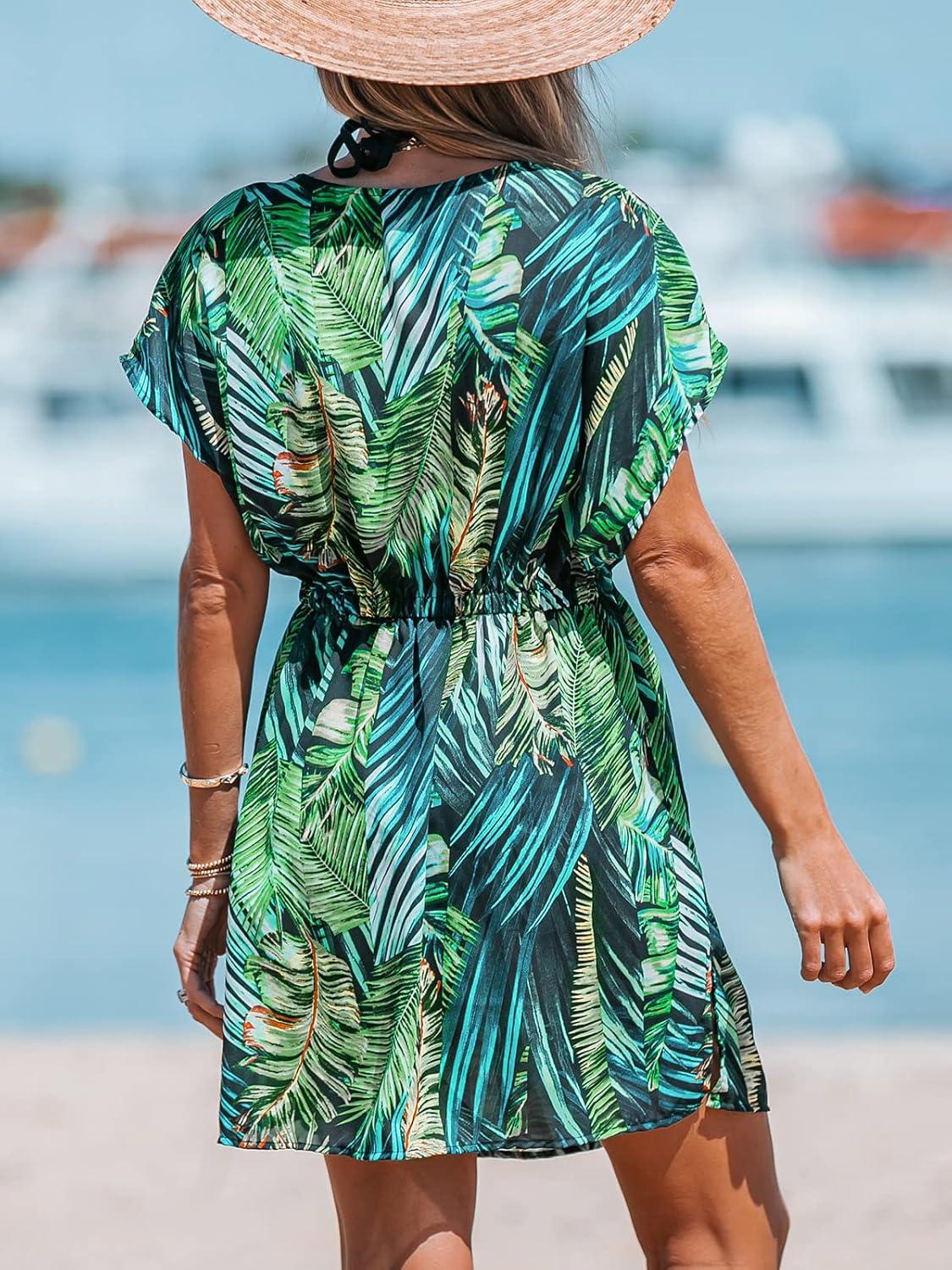 imageCUPSHE Womens Swimsuit Coverup Casual V Neck Beach Dress Short Sleeve Elastic Waist Swimwear Cover Ups 2025 BeachwearGreen Leaf