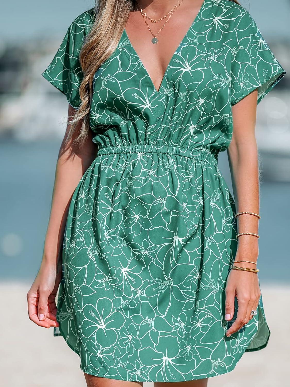imageCUPSHE Womens Swimsuit Coverup Casual V Neck Beach Dress Short Sleeve Elastic Waist Swimwear Cover Ups 2025 BeachwearGreen01