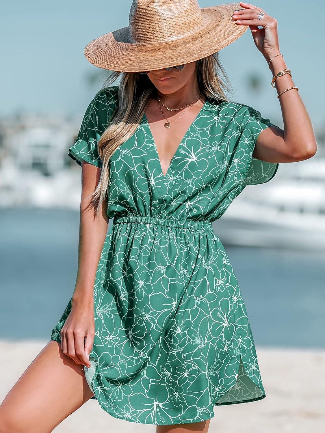 imageCUPSHE Womens Swimsuit Coverup Casual V Neck Beach Dress Short Sleeve Elastic Waist Swimwear Cover Ups 2025 BeachwearGreen01