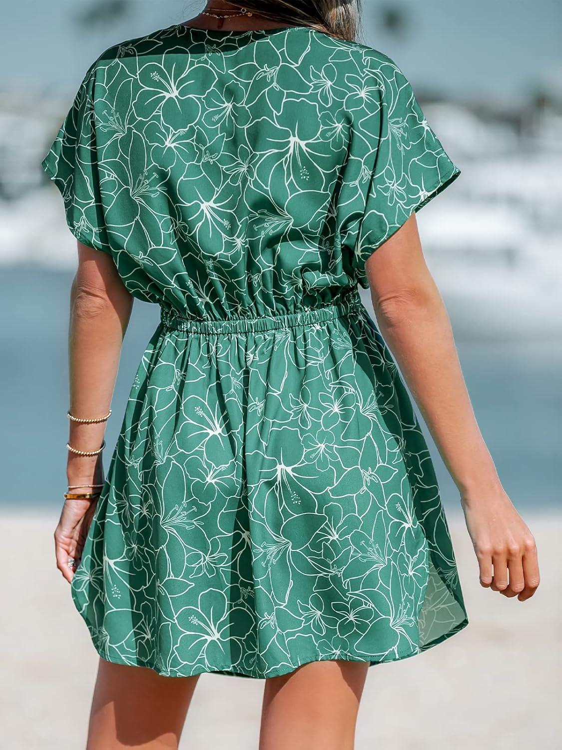 imageCUPSHE Womens Swimsuit Coverup Casual V Neck Beach Dress Short Sleeve Elastic Waist Swimwear Cover Ups 2025 BeachwearGreen01