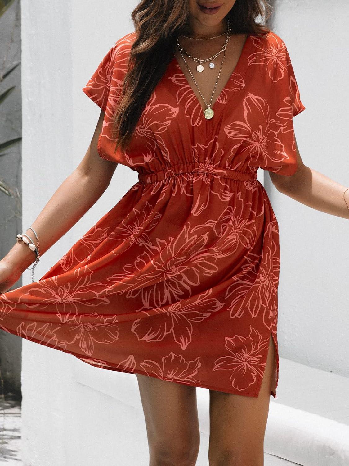 imageCUPSHE Womens Swimsuit Coverup Casual V Neck Beach Dress Short Sleeve Elastic Waist Swimwear Cover Ups 2025 BeachwearOrange