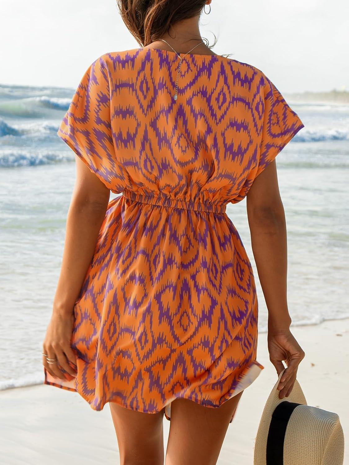 imageCUPSHE Womens Swimsuit Coverup Casual V Neck Beach Dress Short Sleeve Elastic Waist Swimwear Cover Ups 2025 BeachwearOrange Geometric