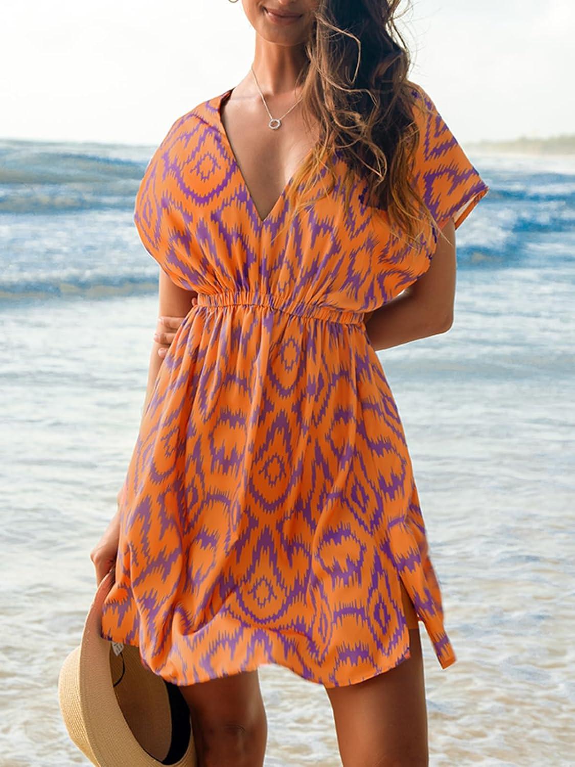 imageCUPSHE Womens Swimsuit Coverup Casual V Neck Beach Dress Short Sleeve Elastic Waist Swimwear Cover Ups 2025 BeachwearOrange Geometric