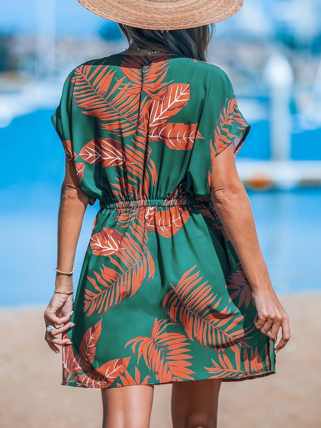 imageCUPSHE Womens Swimsuit Coverup Casual V Neck Beach Dress Short Sleeve Elastic Waist Swimwear Cover Ups 2025 BeachwearOrange Leaf