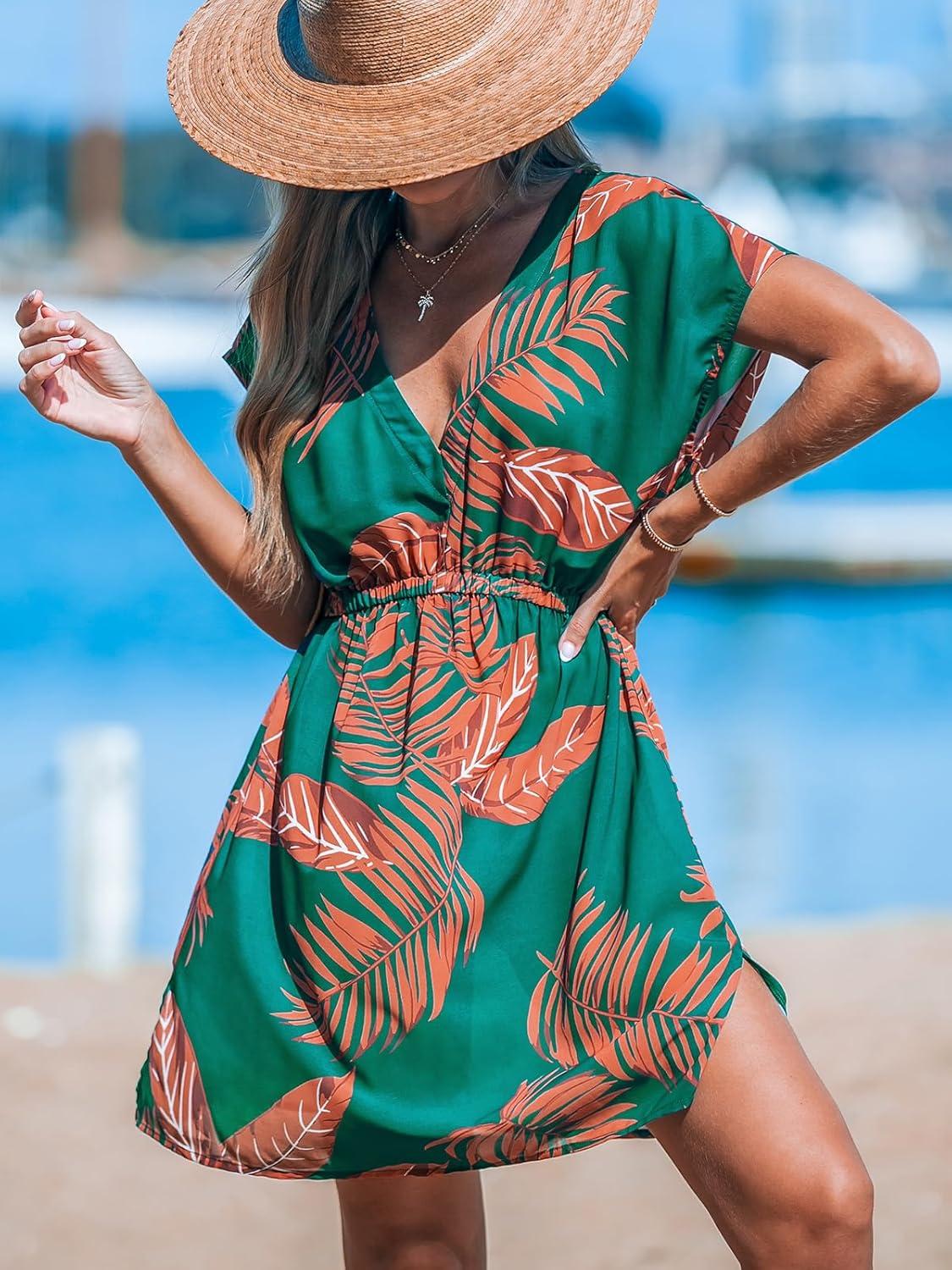imageCUPSHE Womens Swimsuit Coverup Casual V Neck Beach Dress Short Sleeve Elastic Waist Swimwear Cover Ups 2025 BeachwearOrange Leaf