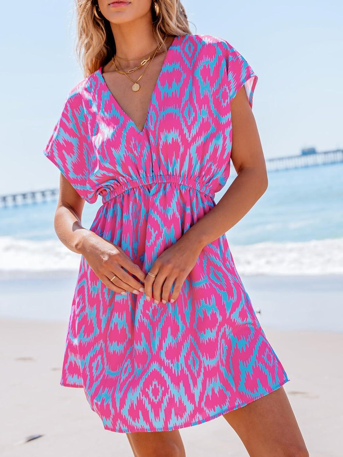 imageCUPSHE Womens Swimsuit Coverup Casual V Neck Beach Dress Short Sleeve Elastic Waist Swimwear Cover Ups 2025 BeachwearOrpurple