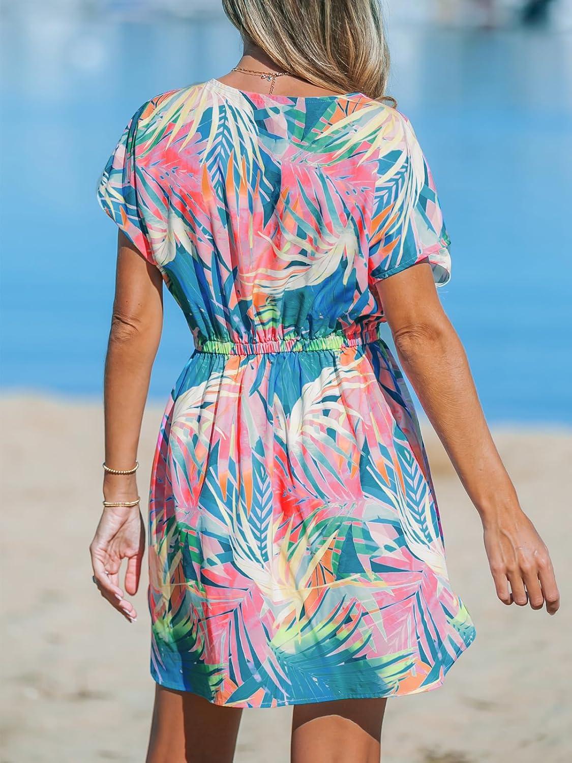 imageCUPSHE Womens Swimsuit Coverup Casual V Neck Beach Dress Short Sleeve Elastic Waist Swimwear Cover Ups 2025 BeachwearTropical Plant