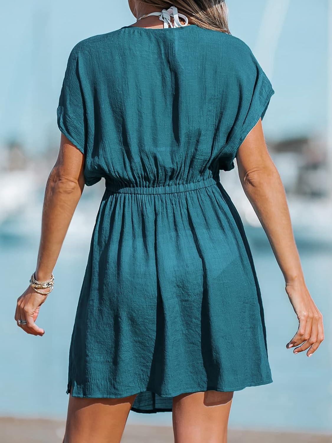 imageCUPSHE Womens Swimsuit Coverup Casual V Neck Beach Dress Short Sleeve Elastic Waist Swimwear Cover Ups 2025 BeachwearTurquoise