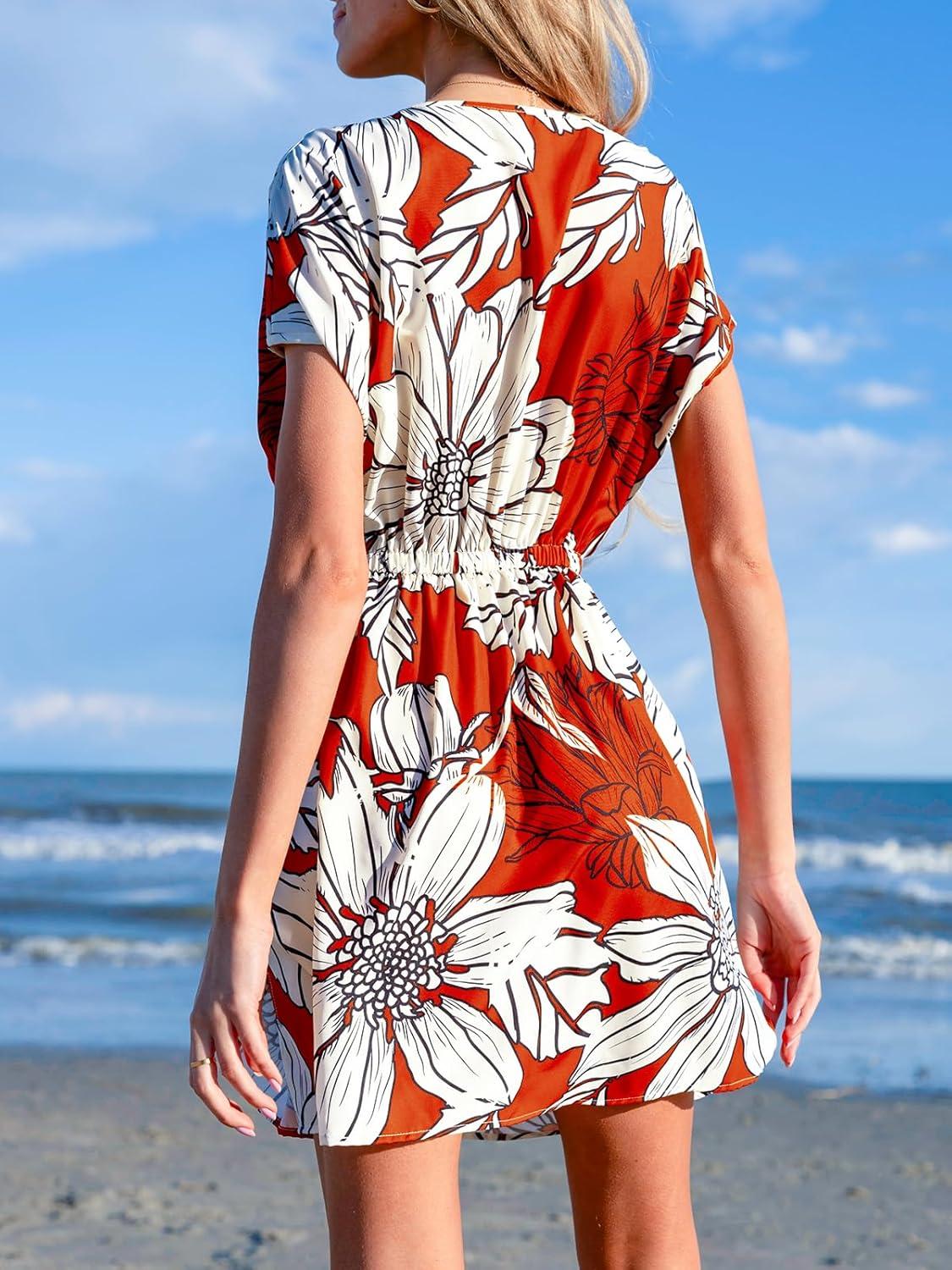 imageCUPSHE Womens Swimsuit Coverup Casual V Neck Beach Dress Short Sleeve Elastic Waist Swimwear Cover Ups 2025 BeachwearWhitered Floral