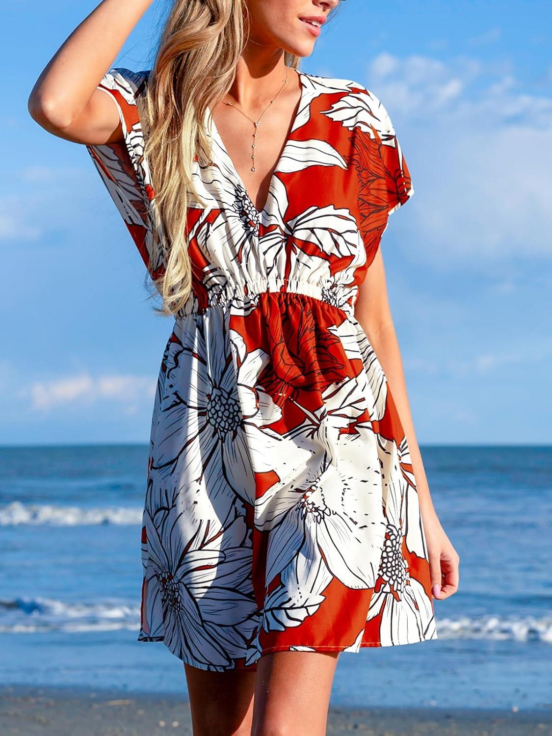 imageCUPSHE Womens Swimsuit Coverup Casual V Neck Beach Dress Short Sleeve Elastic Waist Swimwear Cover Ups 2025 BeachwearWhitered Floral