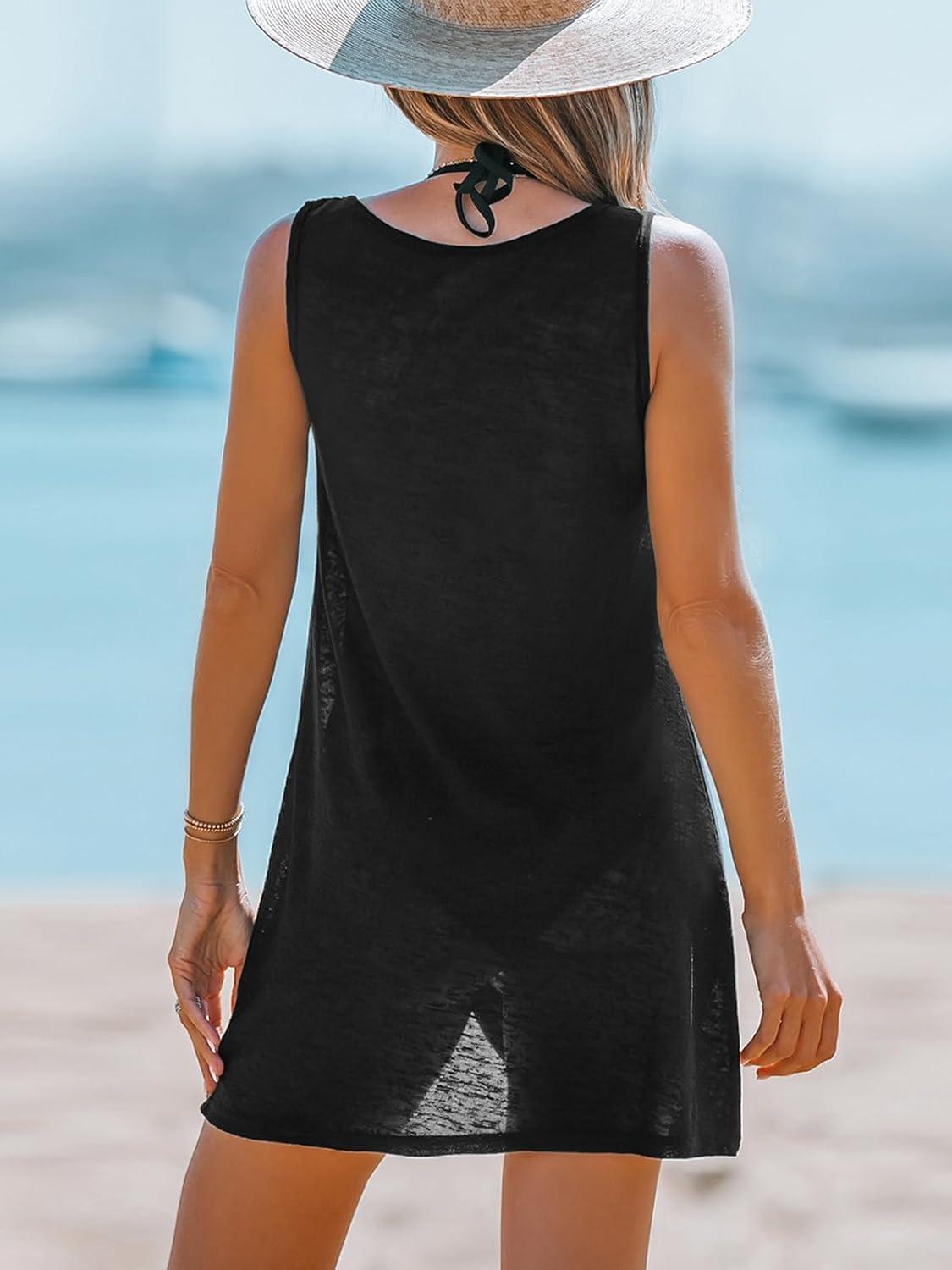 imageCUPSHE Womens Swimsuit Coverup Sleeveless Swimwear Beach Cover Ups Sheer Twisted Basic Tank DressBlack