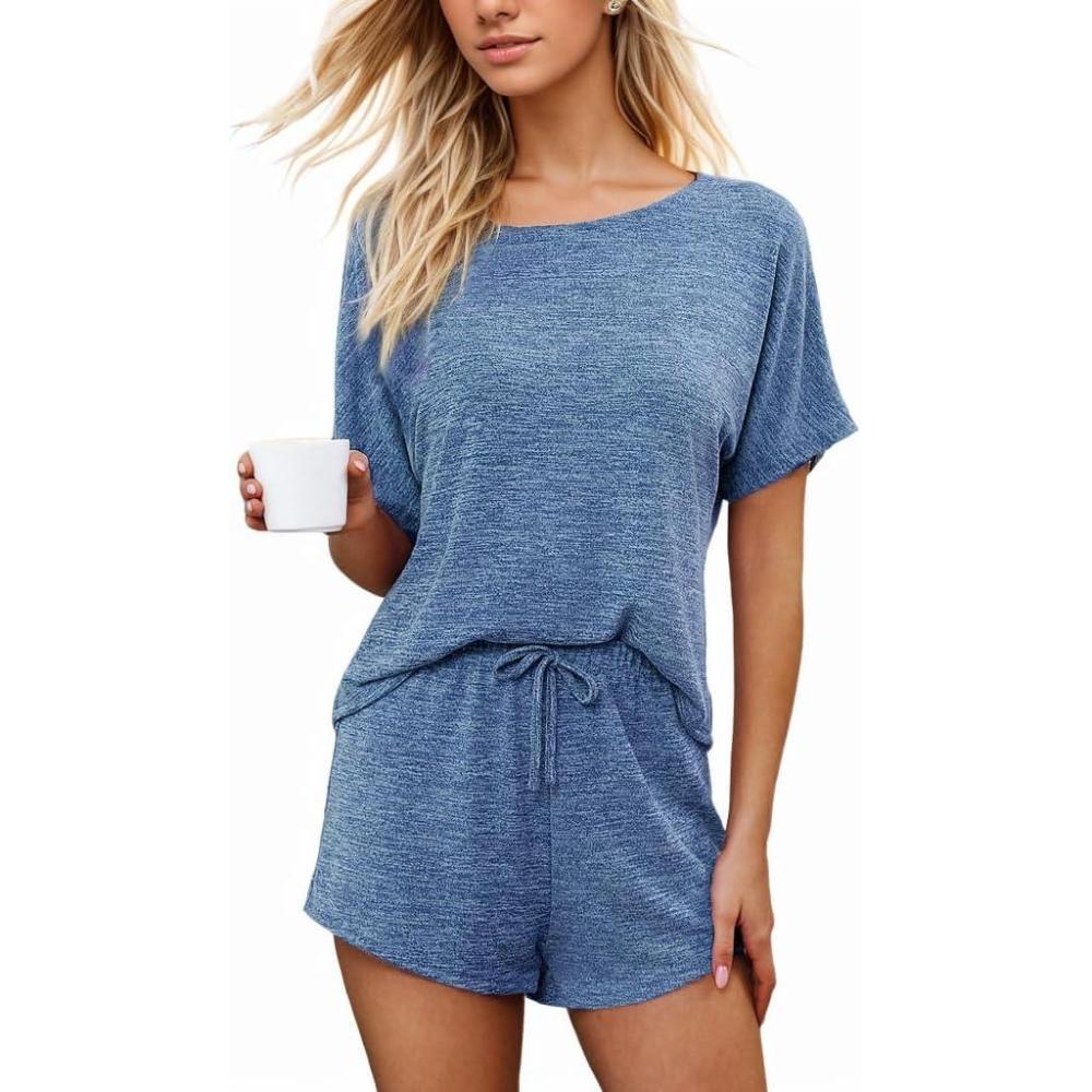imageCUPSHE Short Sleeve Pajama Sets for Women Casual Crew Neck 2 Piece Lounge SetsPetal Blue
