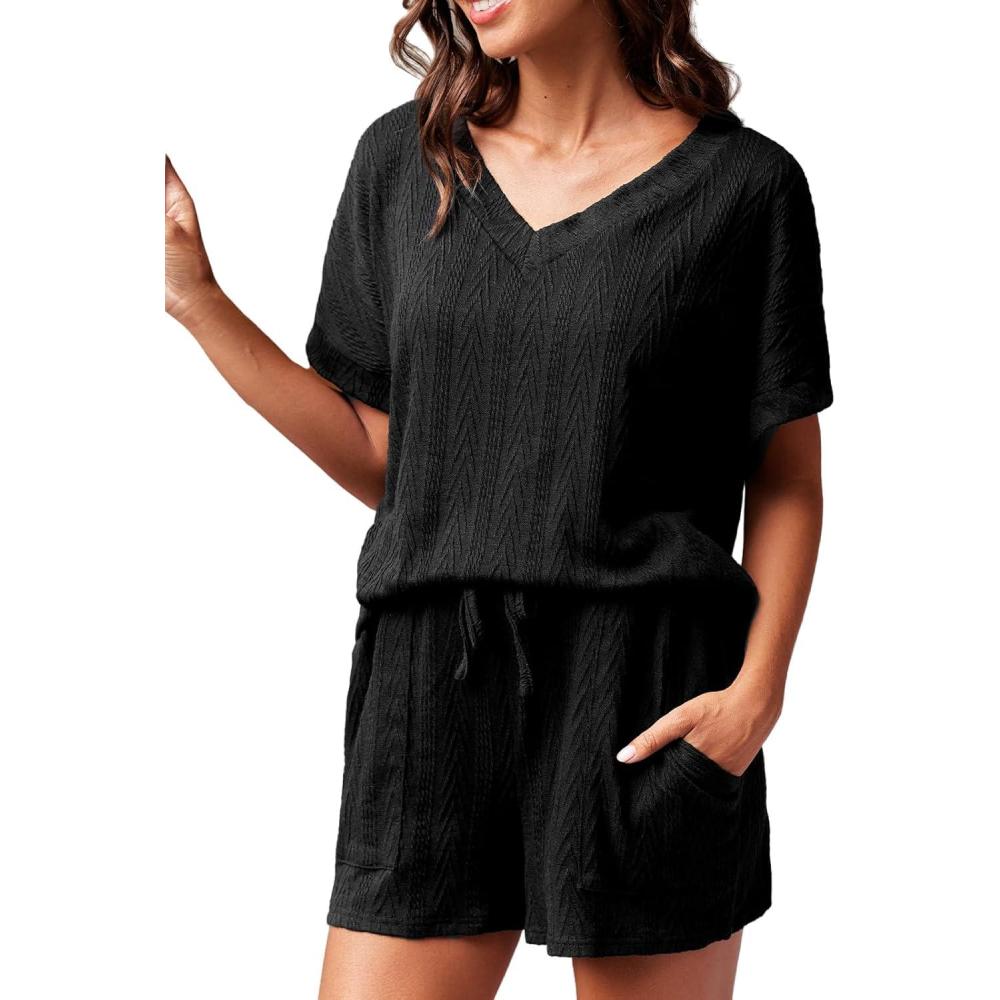 imageCUPSHE Short Sleeve Pajama Sets for Women Casual Crew Neck 2 Piece Lounge SetsXblack