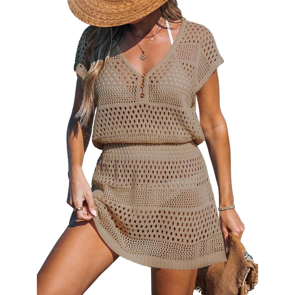 imageCUPSHE Women Crochet Swim Cover Up Short Sleeve V Neck Bathing Suit Beach Dress Summer Swimwear CoverupsBsand