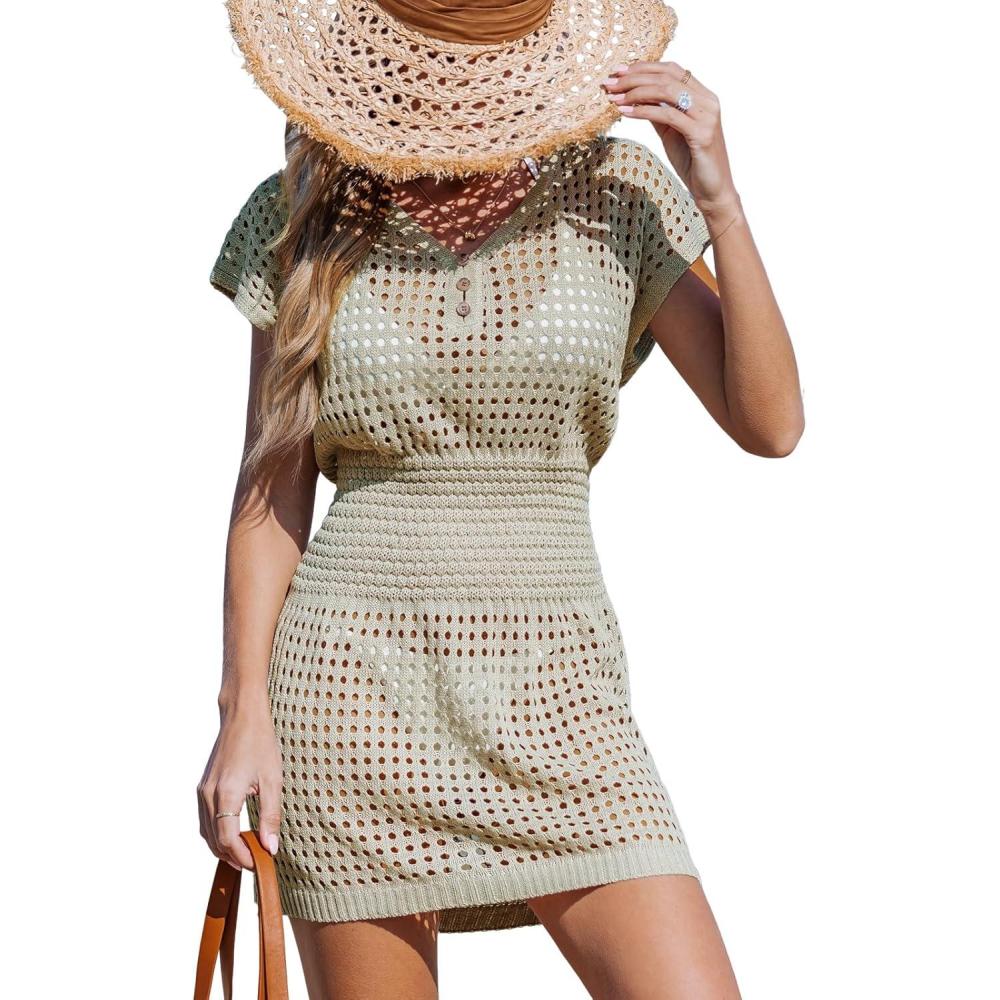 imageCUPSHE Women Crochet Swim Cover Up Short Sleeve V Neck Bathing Suit Beach Dress Summer Swimwear CoverupsKhaki