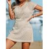 imageCUPSHE Women Crochet Swim Cover Up Short Sleeve V Neck Bathing Suit Beach Dress Summer Swimwear CoverupsApricot