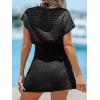 imageCUPSHE Women Crochet Swim Cover Up Short Sleeve V Neck Bathing Suit Beach Dress Summer Swimwear CoverupsBlack