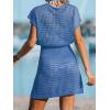 imageCUPSHE Women Crochet Swim Cover Up Short Sleeve V Neck Bathing Suit Beach Dress Summer Swimwear CoverupsBlue