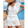 imageCUPSHE Women Crochet Swim Cover Up Short Sleeve V Neck Bathing Suit Beach Dress Summer Swimwear CoverupsBwhite