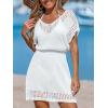 imageCUPSHE Women Crochet Swim Cover Up Short Sleeve V Neck Bathing Suit Beach Dress Summer Swimwear CoverupsCwhite